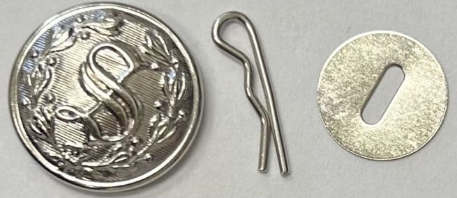 S UNIFORM JACKET BUTTON NICKEL SET - 1 S UNIFORM BUTTON, 1 DISC & 1 COTTER PIN.